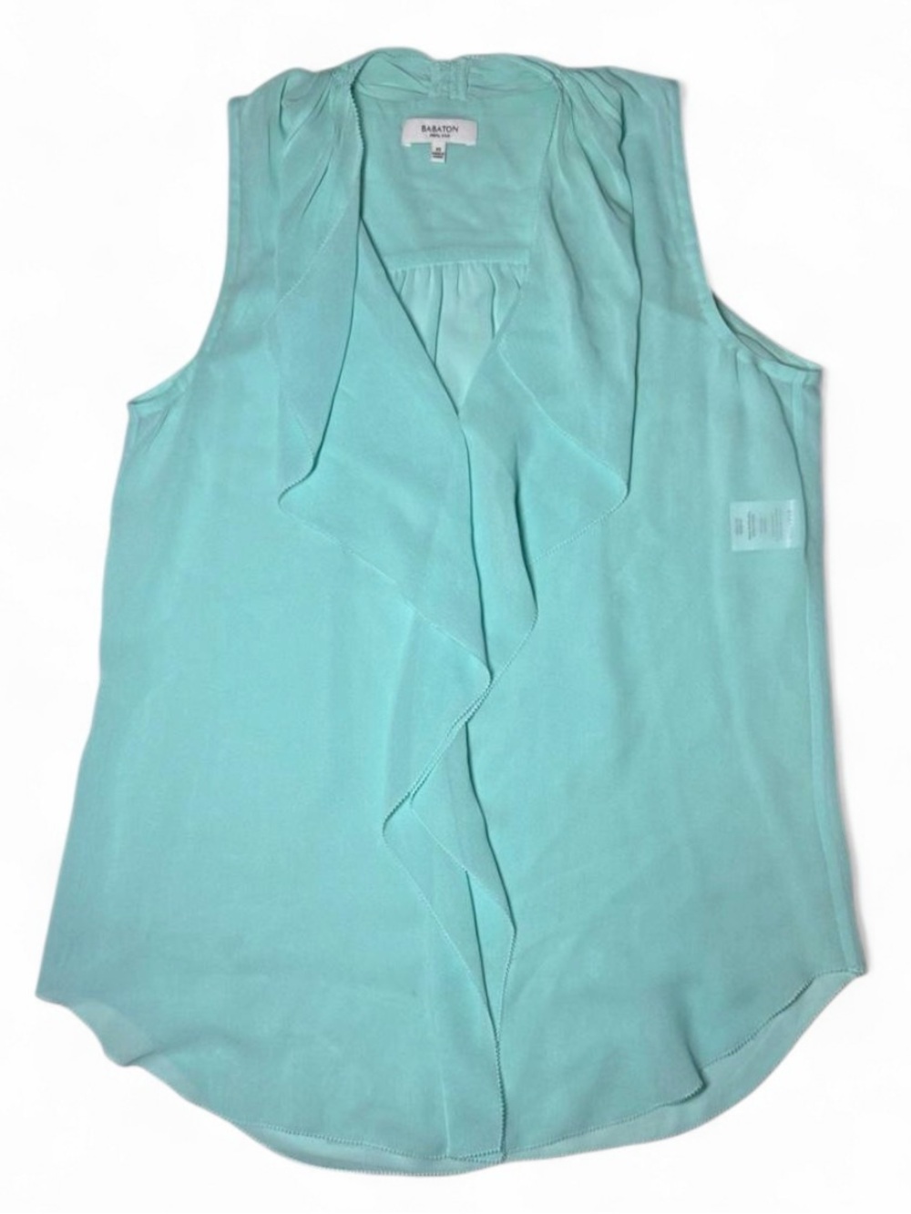 Aritzia Babaton 100% Silk Sleeveless Blouse Aqua Blue Ruffle Sheer V-Neck Preppy